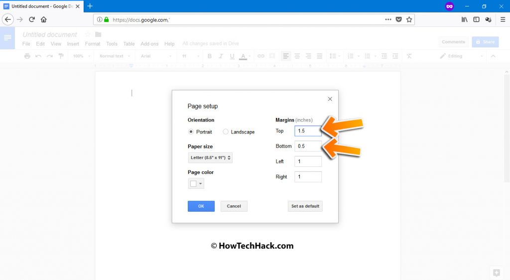 how to change top and bottom margins in google docs